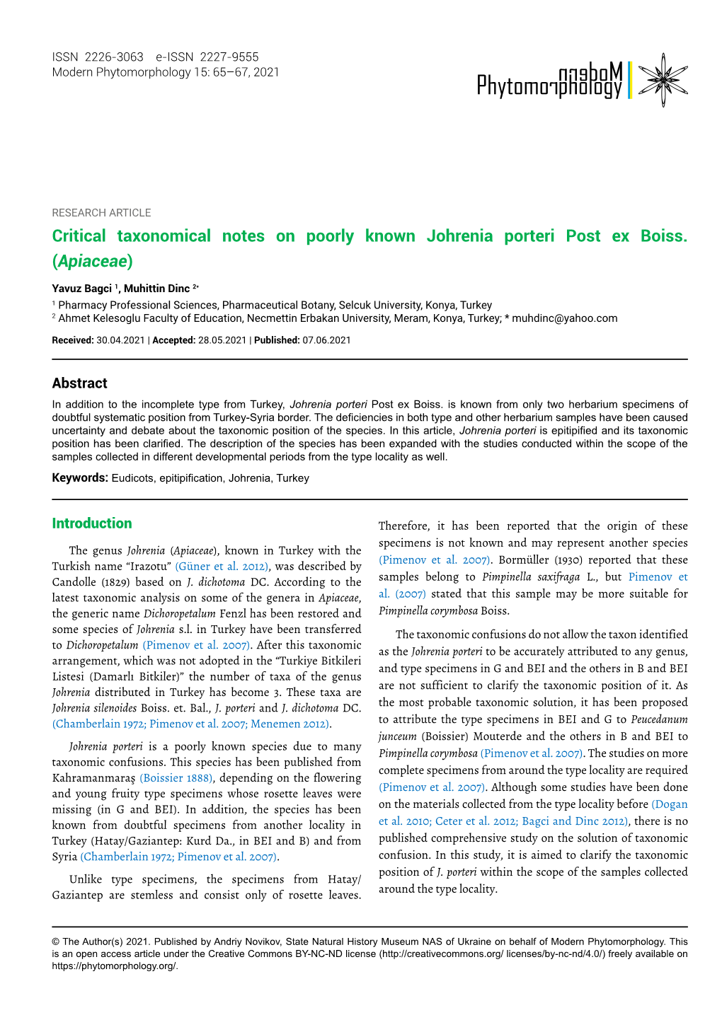 Critical Taxonomical Notes on Poorly Known Johrenia Porteri Post Ex Boiss. (Apiaceae)