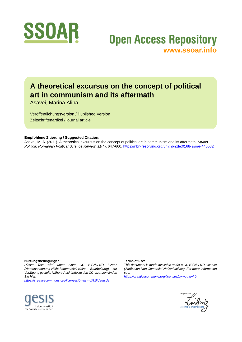 A Theoretical Excursus on the Concept of Political Art in Communism and Its Aftermath Asavei, Marina Alina