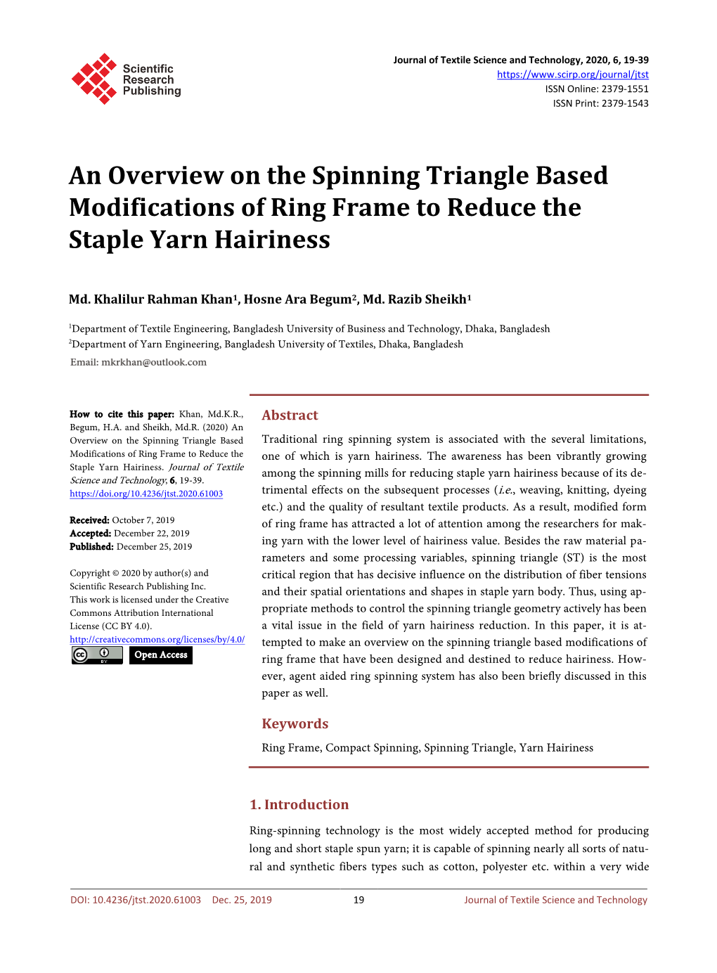 An Overview on the Spinning Triangle Based Modifications of Ring Frame to Reduce the Staple Yarn Hairiness