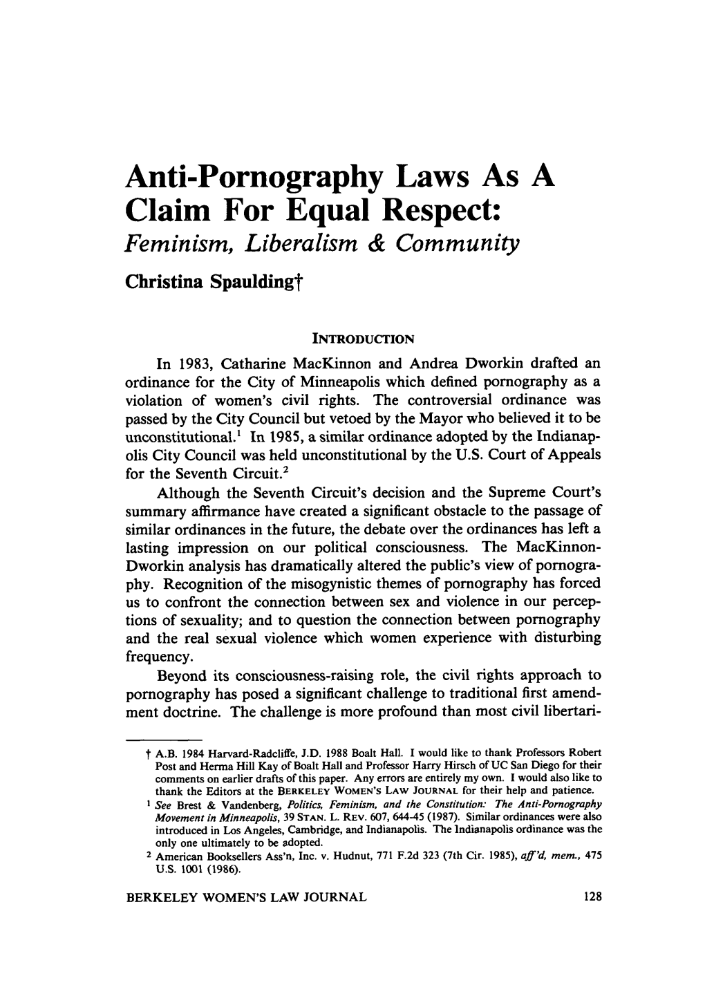 Anti-Pornography Laws As a Claim for Equal Respect: Feminism, Leberalism