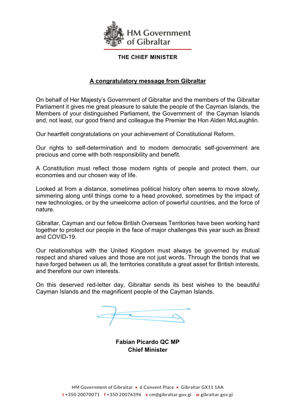 A Congratulatory Message from Gibraltar on Behalf of Her Majesty's Government of Gibraltar and the Members of the Gibraltar Pa