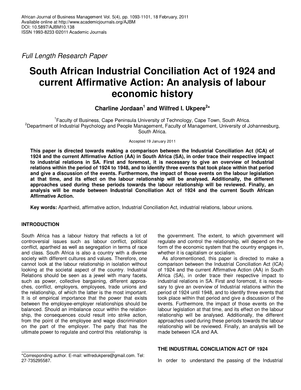 South African Industrial Conciliation Act of 1924 and Current Affirmative Action: an Analysis of Labour Economic History