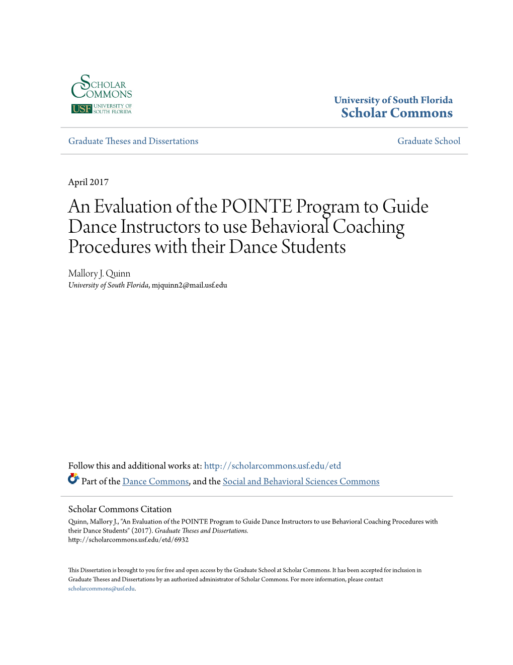 An Evaluation of the POINTE Program to Guide Dance Instructors to Use Behavioral Coaching Procedures with Their Dance Students Mallory J