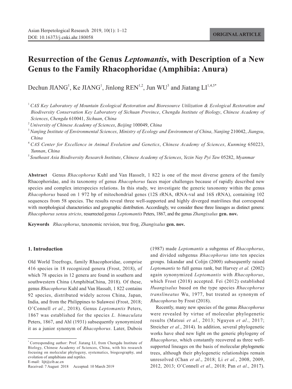 Resurrection of the Genus Leptomantis, with Description of a New Genus to the Family Rhacophoridae (Amphibia: Anura)