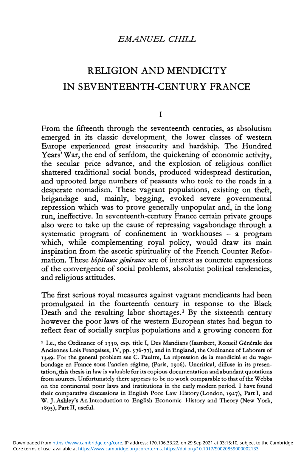 Religion and Mendicity in Seventeenth-Century France