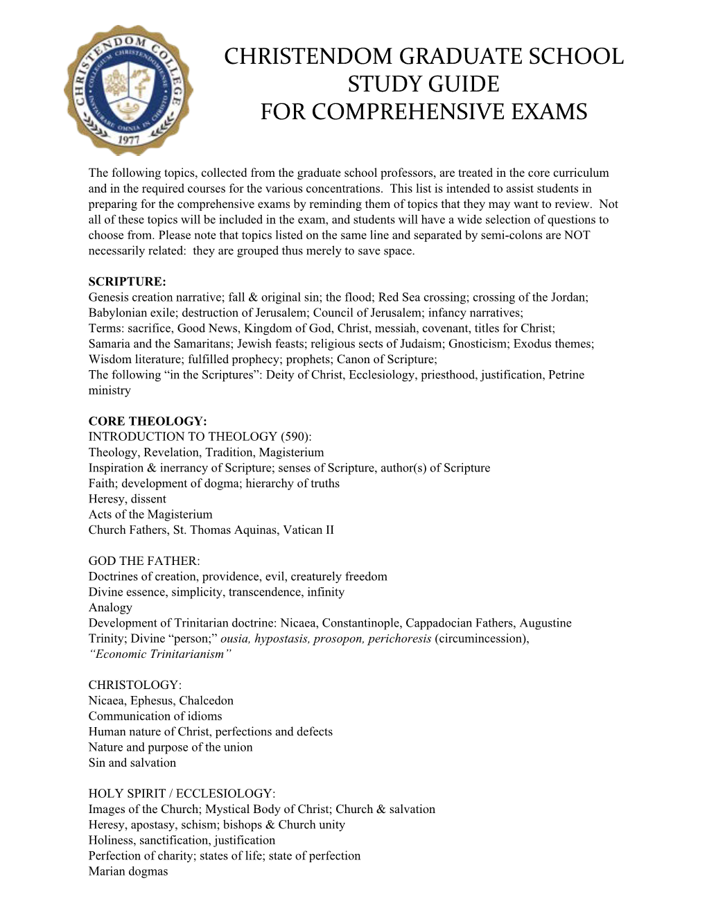 Comprehensive Exam Topics