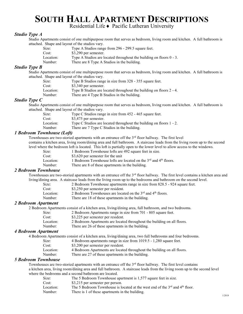 SOUTH HALL APARTMENT DESCRIPTIONS Residential Life  Pacific Lutheran University