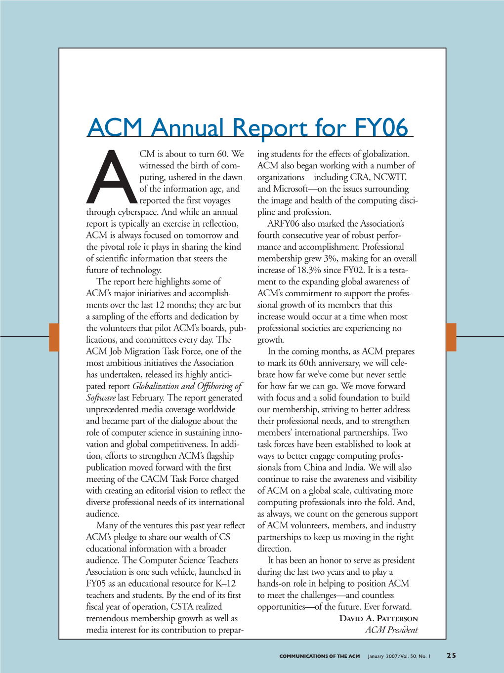 ACM Annual Report for FY06 CM Is About to Turn 60