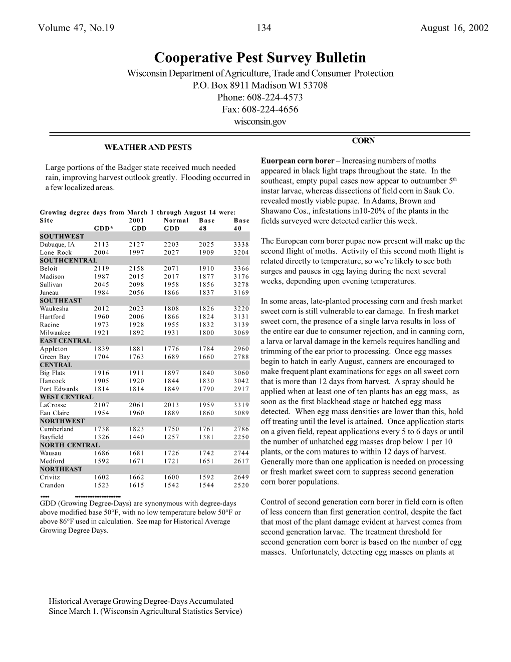 Cooperative Pest Survey Bulletin Wisconsin Department of Agriculture, Trade and Consumer Protection P.O