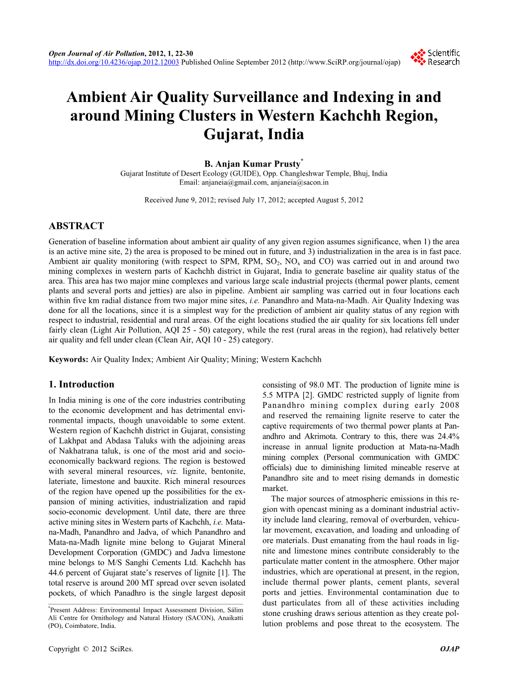 Ambient Air Quality Surveillance and Indexing in and Around Mining Clusters in Western Kachchh Region, Gujarat, India