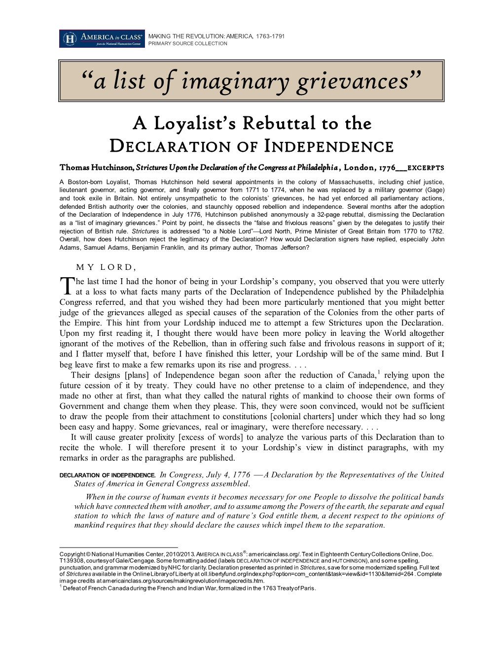 A Loyalist's Rebuttal to the DECLARATION of INDEPENDENCE