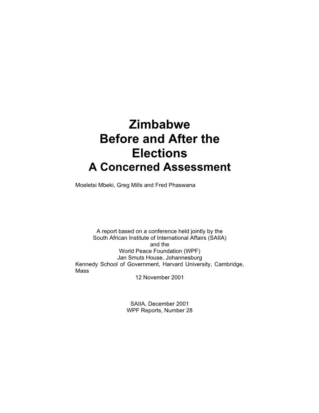 Zimbabwe Before and After the Elections a Concerned Assessment