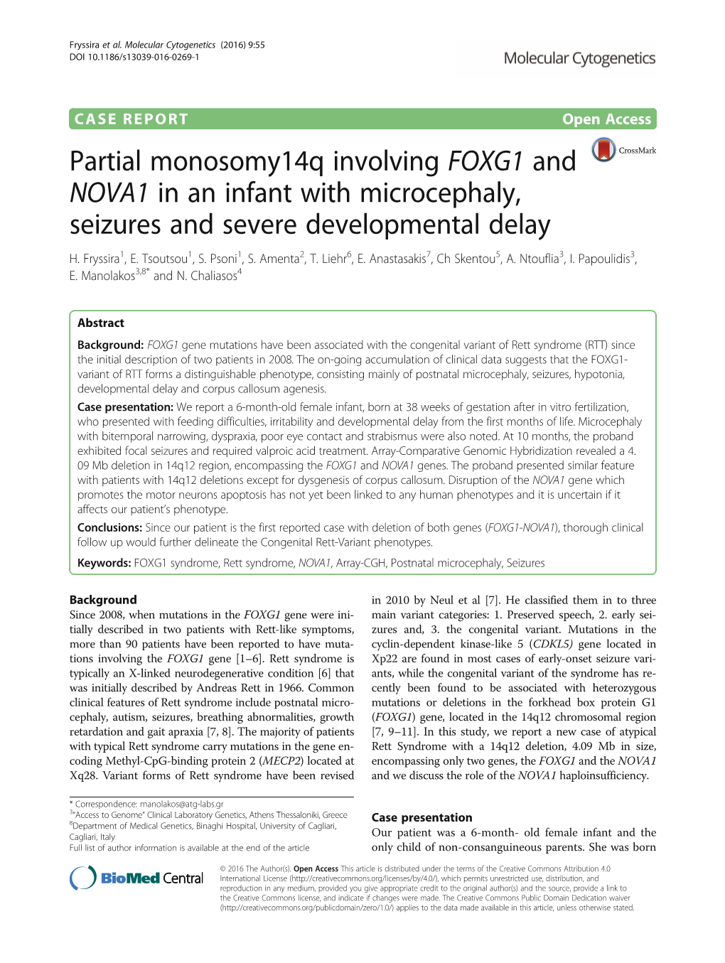 Partial Monosomy14q Involving FOXG1 and NOVA1 in an Infant with Microcephaly, Seizures and Severe Developmental Delay H