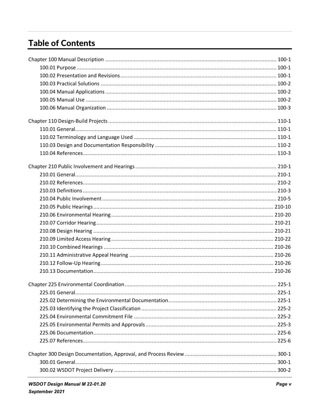 Design Manual Table of Contents