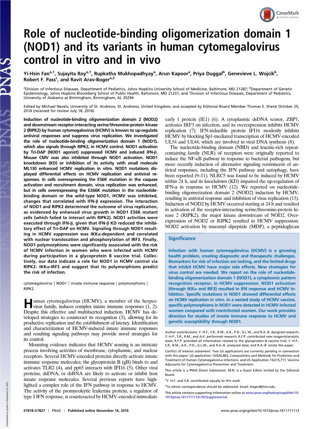 NOD1) and Its Variants in Human Cytomegalovirus Control in Vitro and in Vivo