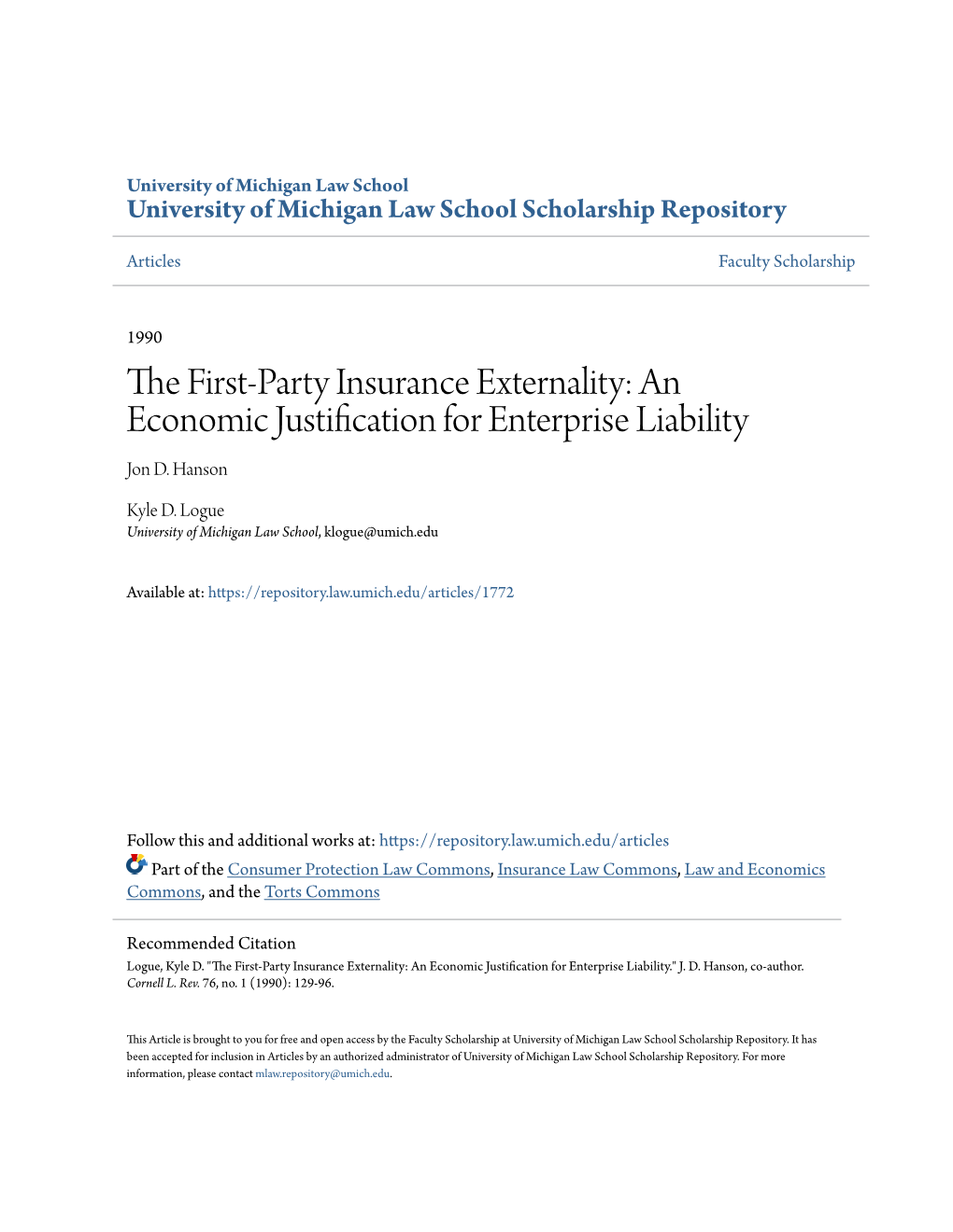 The First-Party Insurance Externality: an Economic Justification for Enterprise Liability