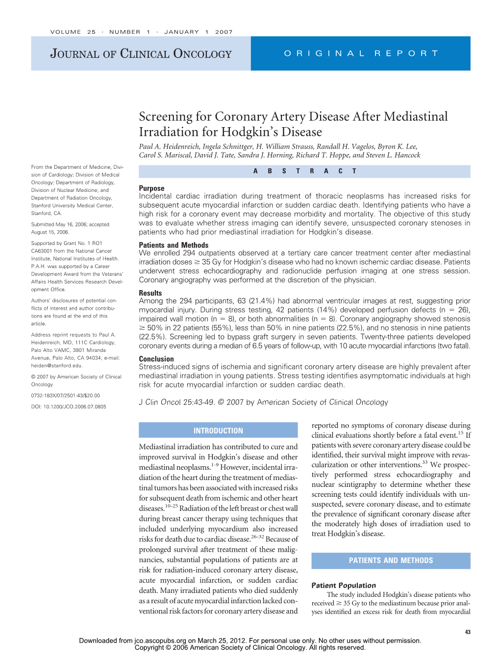 Screening for Coronary Artery Disease After Mediastinal Irradiation for Hodgkin's Disease