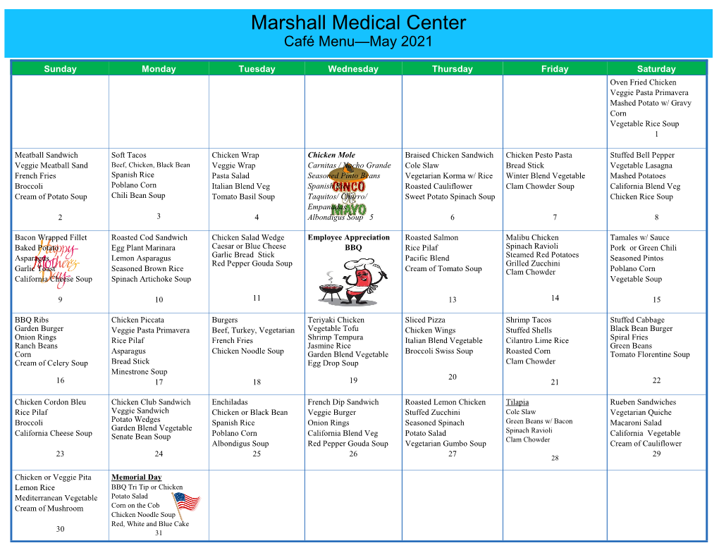 Marshall Medical Center Café Menu—May 2021