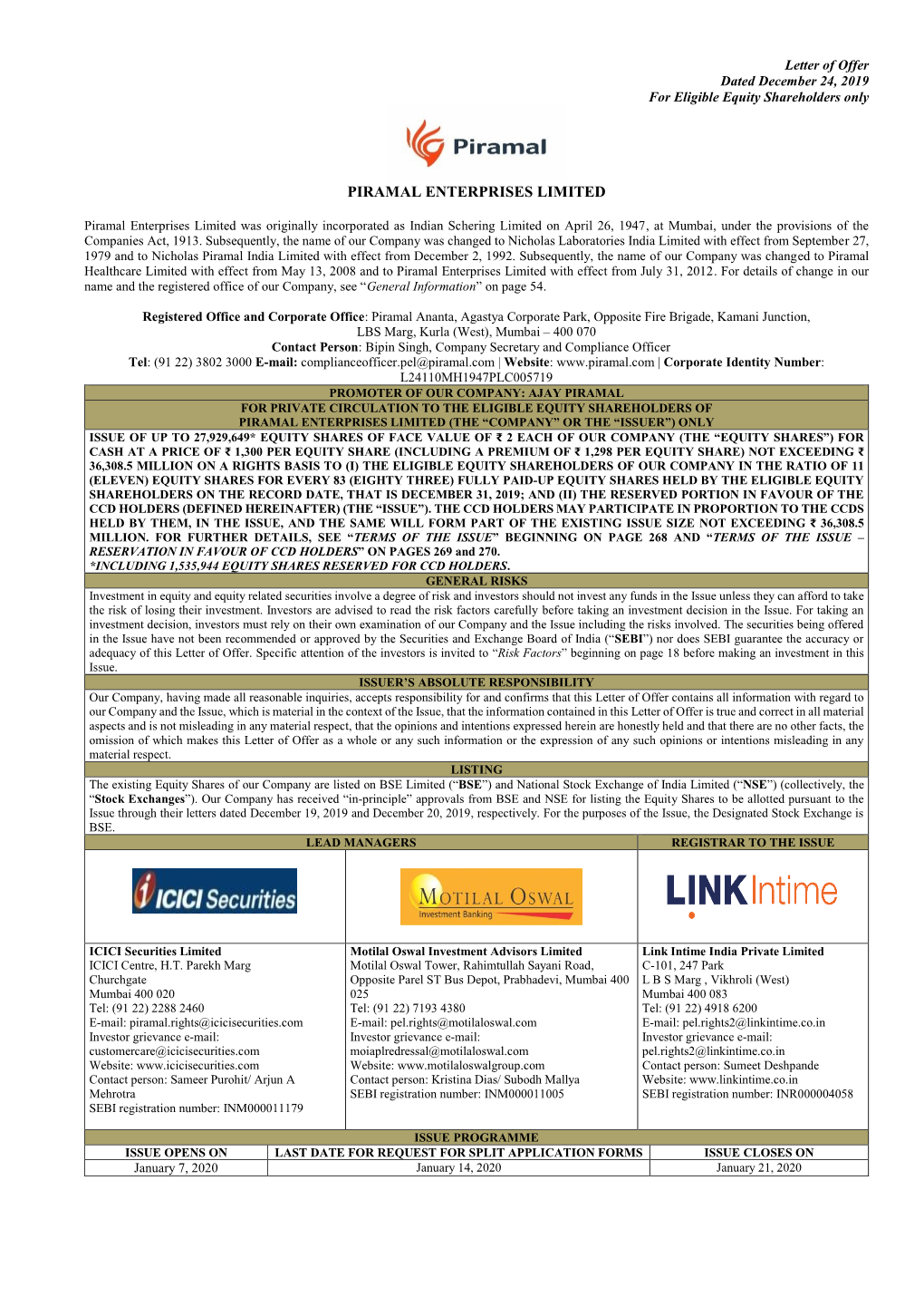 Letter of Offer Dated December 24, 2019 for Eligible Equity Shareholders Only