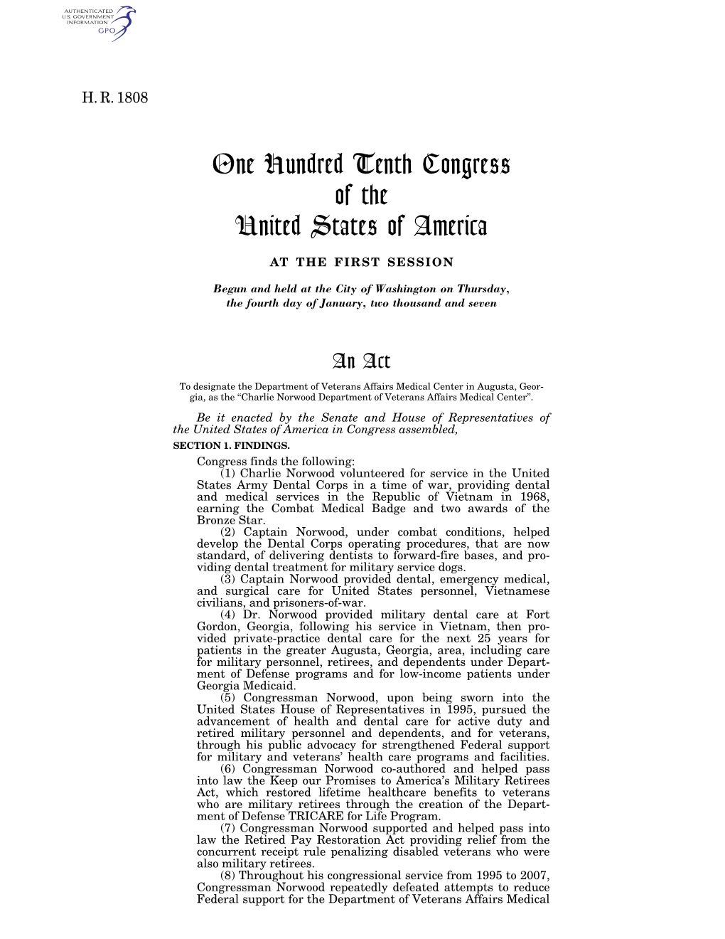 One Hundred Tenth Congress of the United States of America