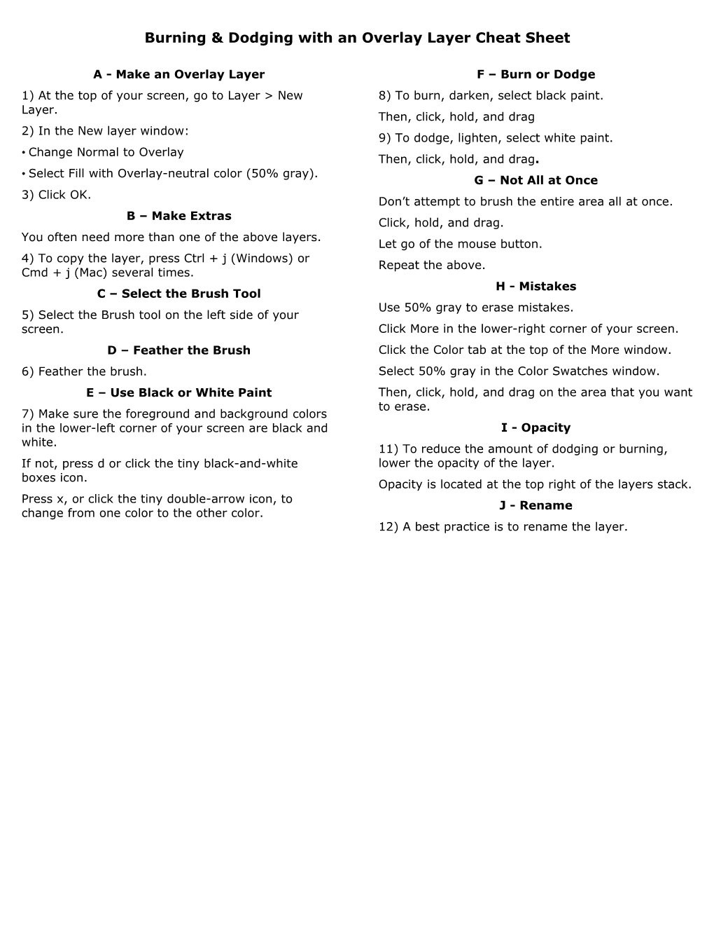 Burning & Dodging with an Overlay Layer Cheat Sheet