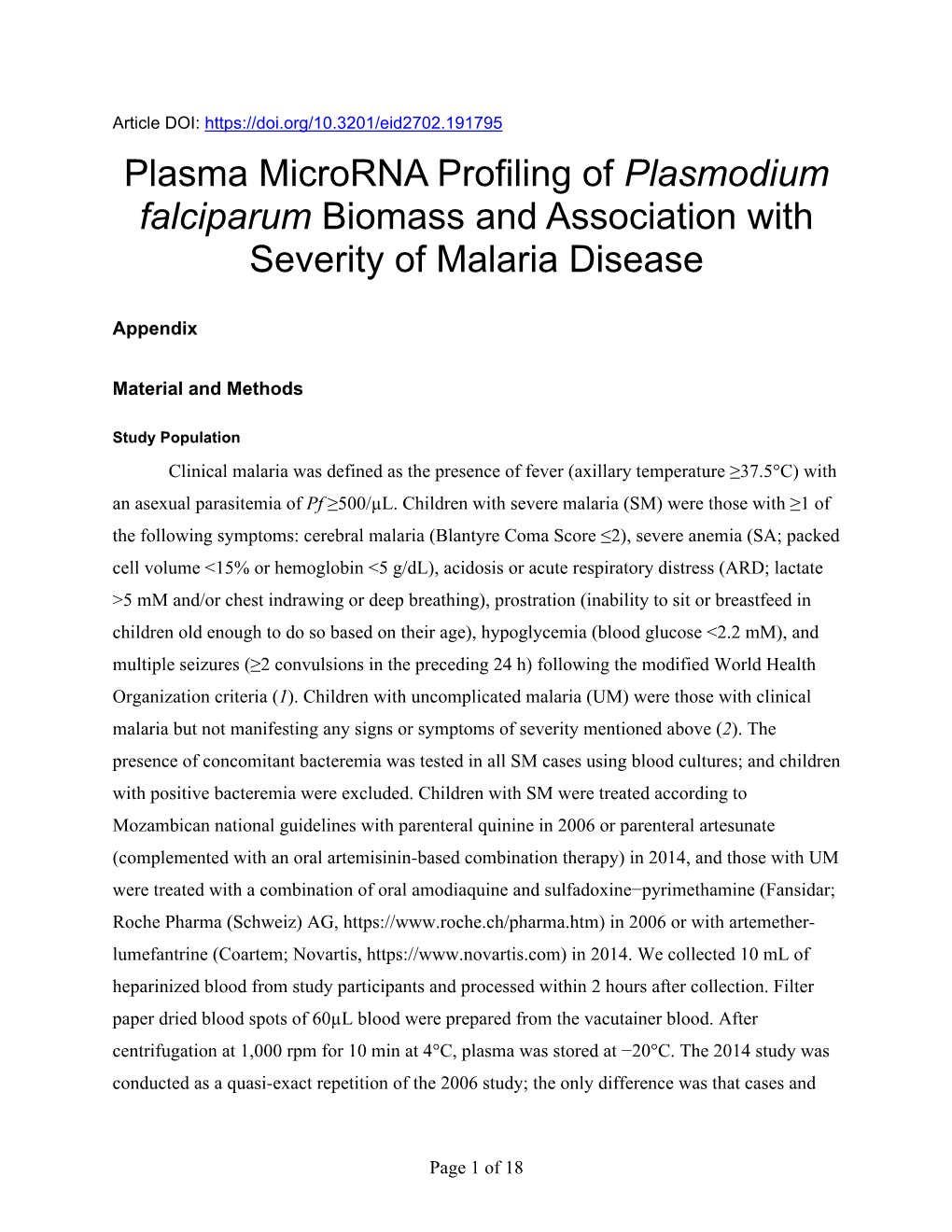 Plasma Microrna Profiling of Plasmodium Falciparum Biomass and Association with Severity of Malaria Disease