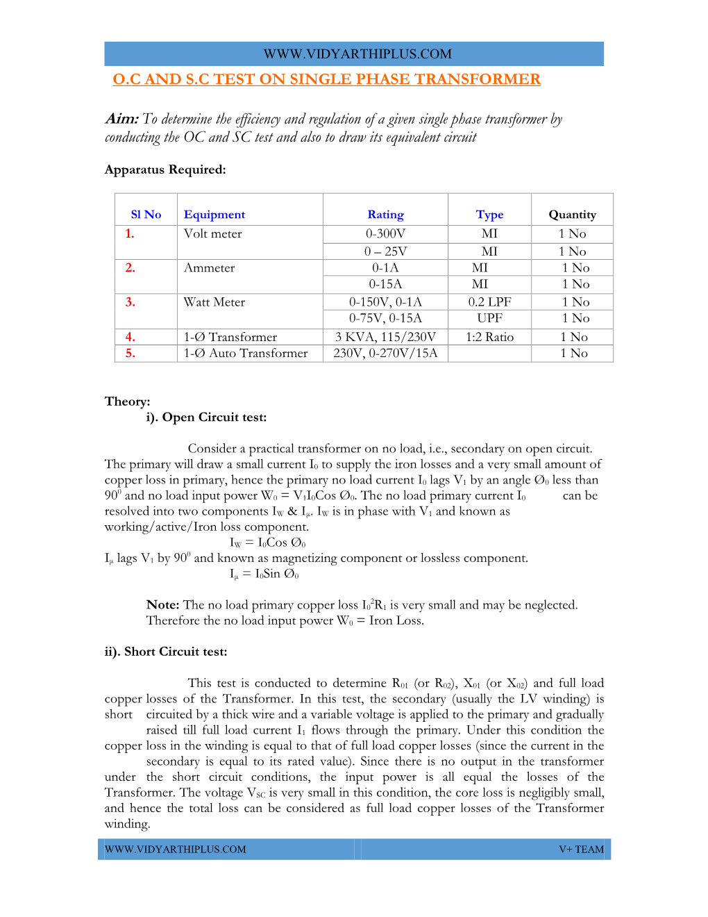 Aim: to Determine the Efficiency and Regulation of a Given Single Phase Transformer by Conducting the OC and SC Test and Also to Draw Its Equivalent Circuit