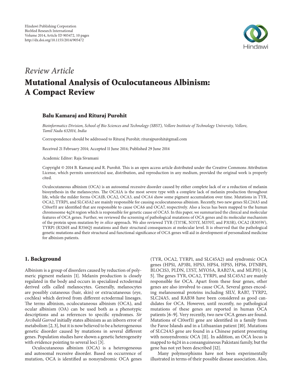 Mutational Analysis of Oculocutaneous Albinism: a Compact Review