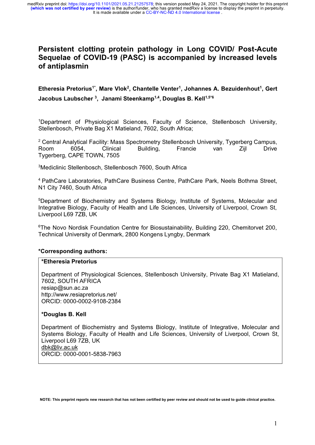 Persistent Clotting Protein Pathology in Long COVID/ Post-Acute Sequelae of COVID-19 (PASC) Is Accompanied by Increased Levels of Antiplasmin