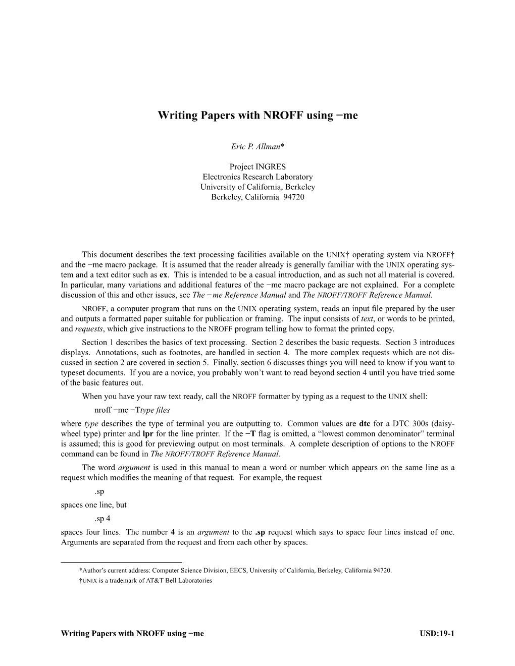 Writing Papers with NROFF Using −Me