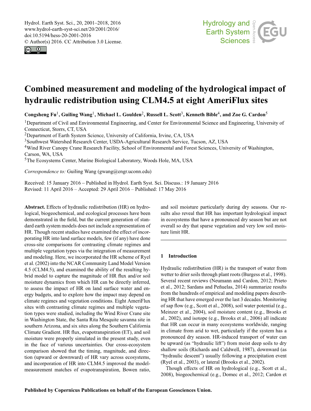 Combined Measurement and Modeling of the Hydrological Impact of Hydraulic Redistribution Using CLM4.5 at Eight Ameriflux Sites