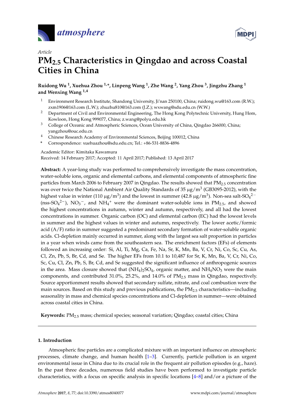 PM2.5 Characteristics in Qingdao and Across Coastal Cities in China