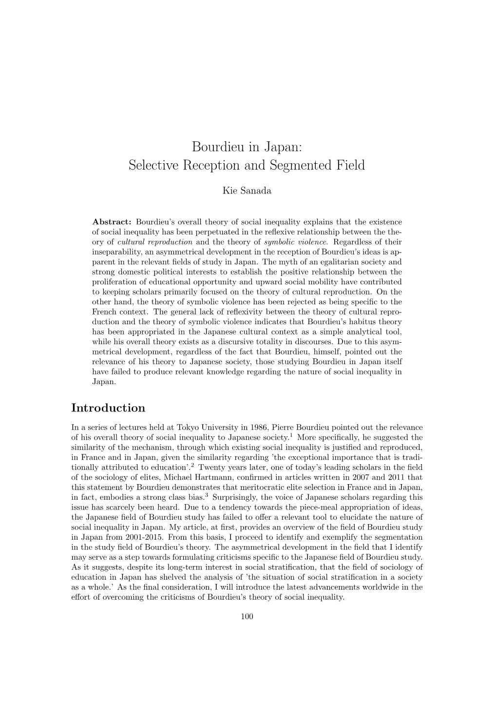 Bourdieu in Japan: Selective Reception and Segmented Field