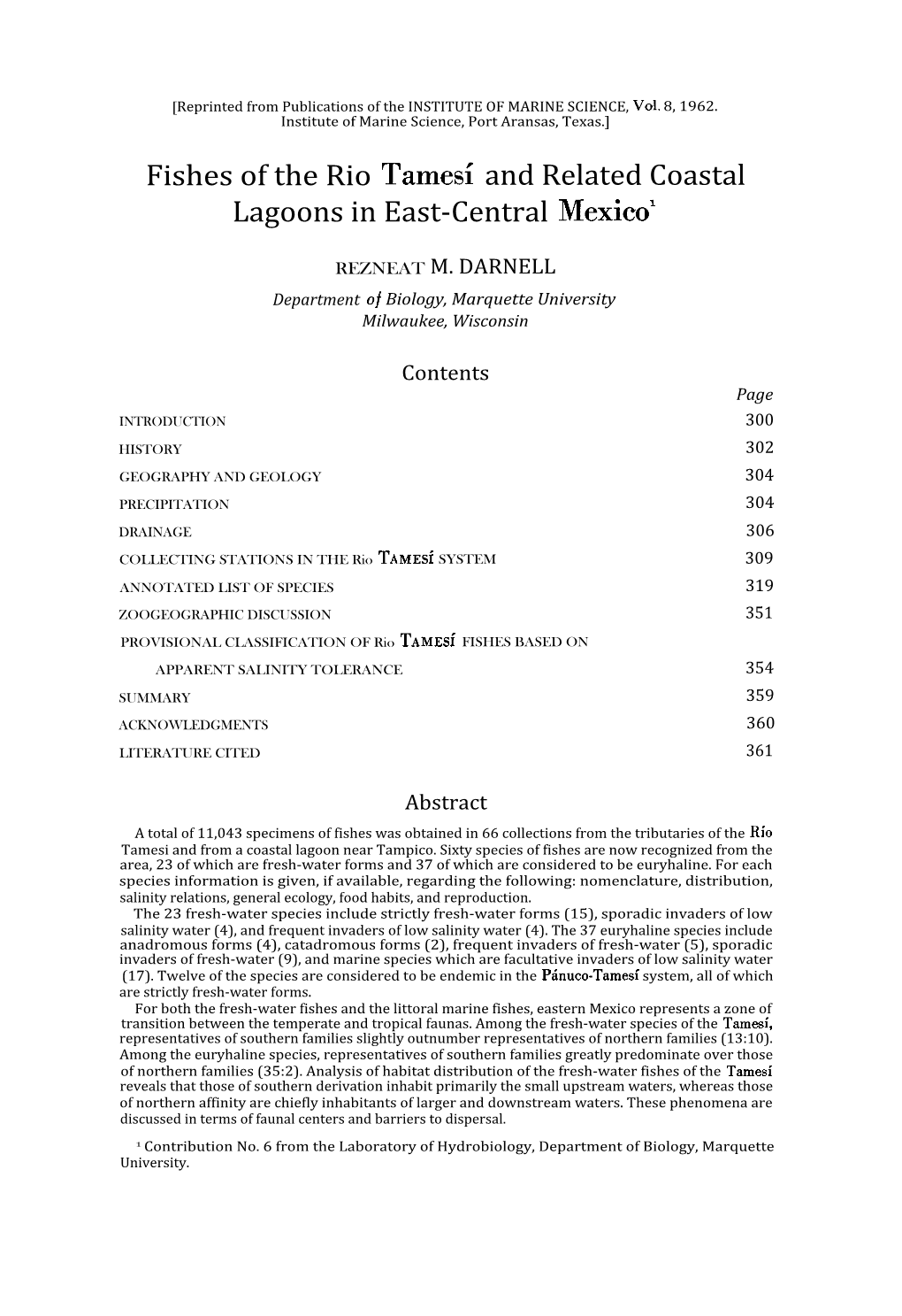 Fishes of the Rio Tamesi and Related Coastal Lagoons in East-Central Mexicol