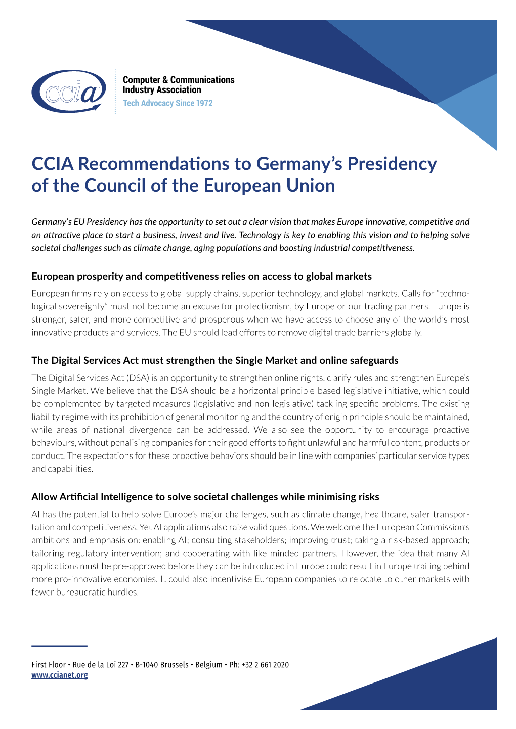 CCIA Recommendations to Germany's Presidency of the Council of The
