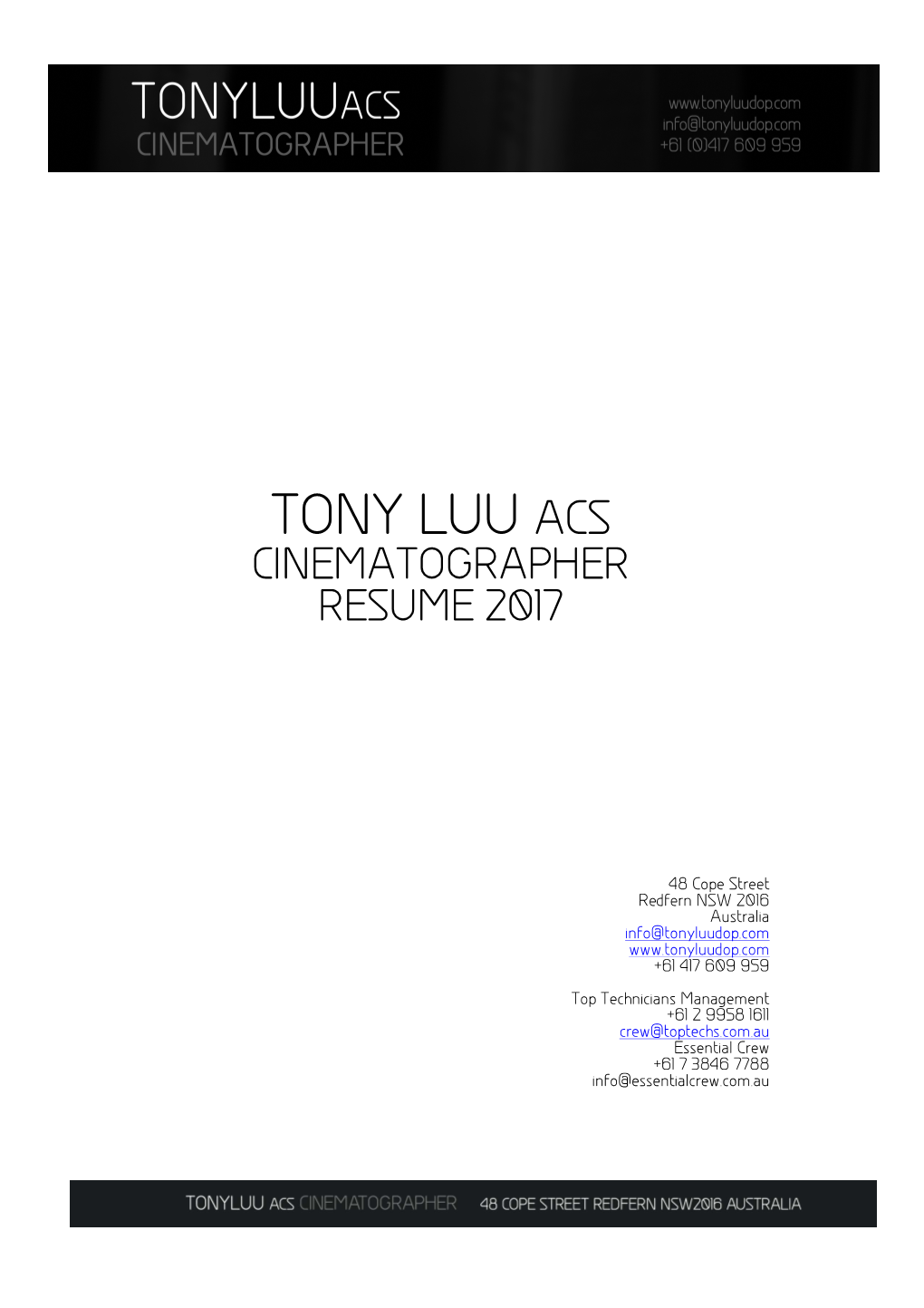 Tony Luu Acs Cinematographer Resume 2017