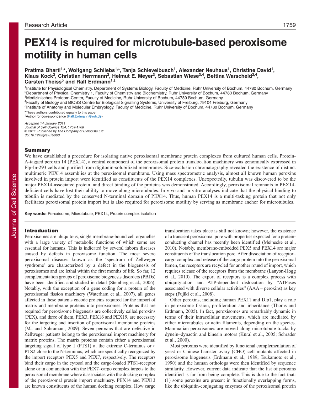 PEX14 Is Required for Microtubule-Based Peroxisome Motility in Human Cells