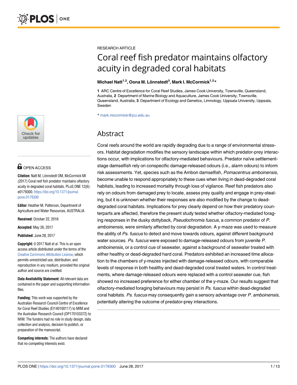 Coral Reef Fish Predator Maintains Olfactory Acuity in Degraded Coral Habitats