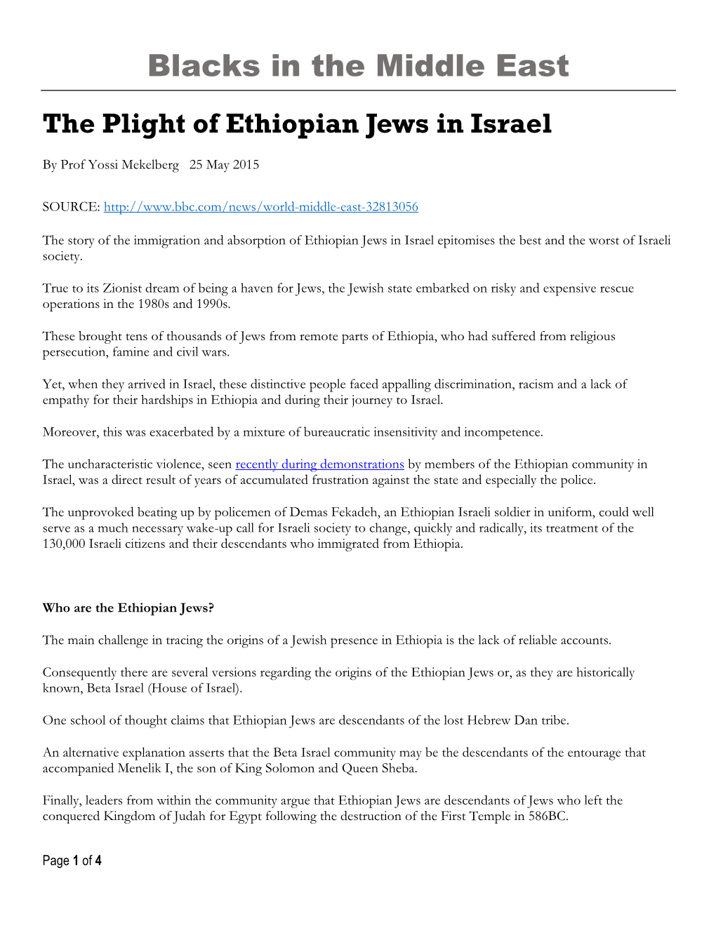 Blacks in the Middle East the Plight of Ethiopian Jews in Israel