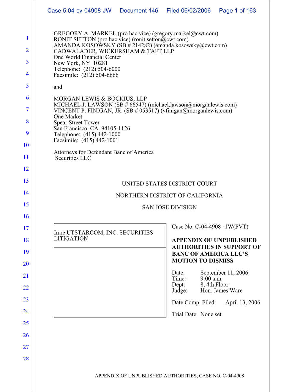 Utstarcom, Inc. Securities Litigation 04-CV-04908-Appendix Of
