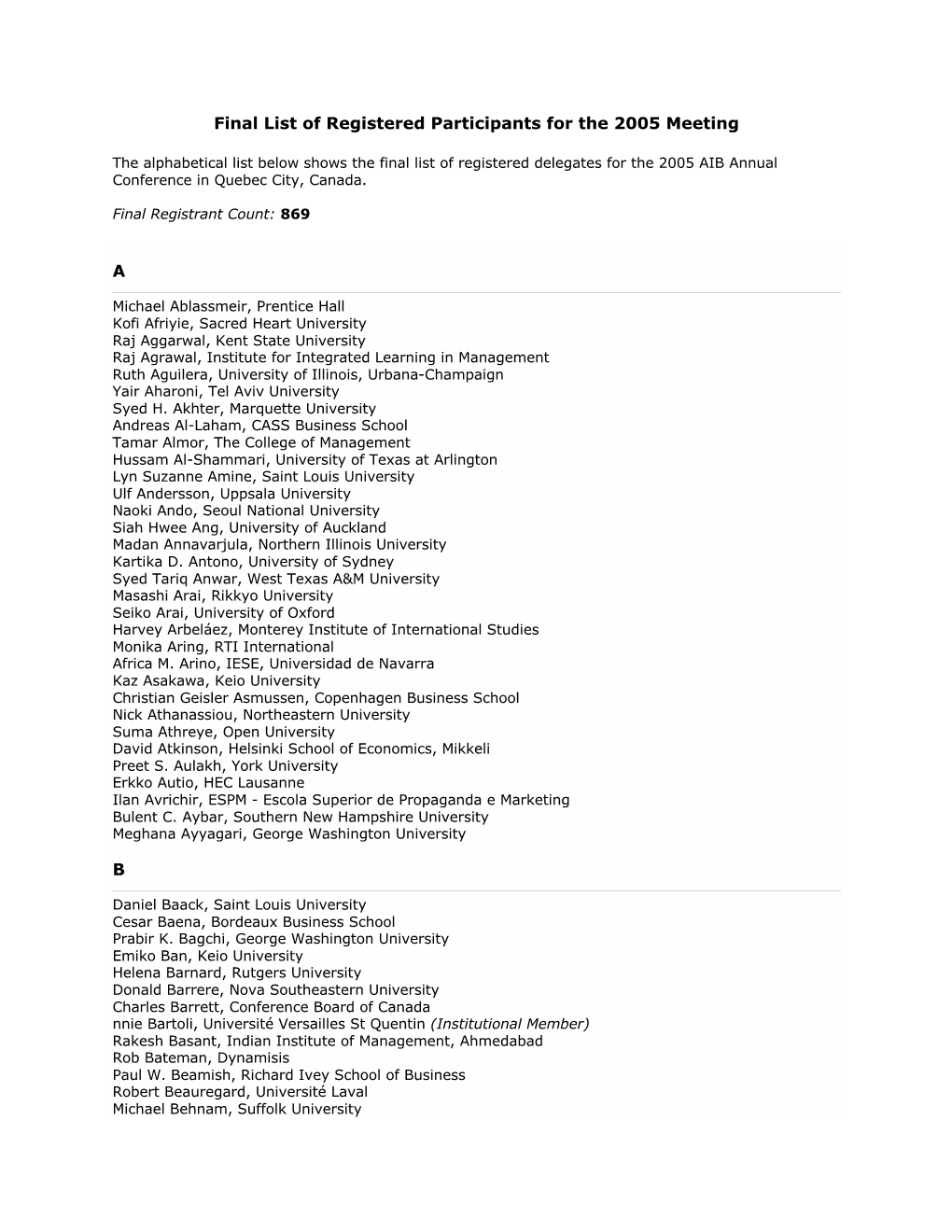 Final List of Registered Participants for the 2005 Meeting