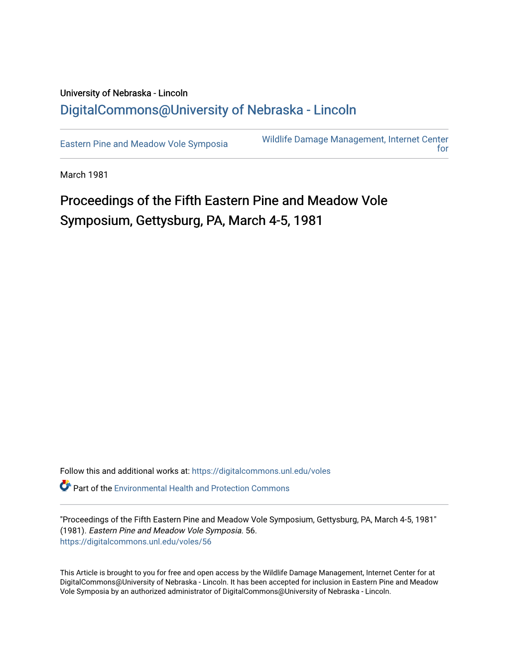 Proceedings of the Fifth Eastern Pine and Meadow Vole Symposium, Gettysburg, PA, March 4-5, 1981