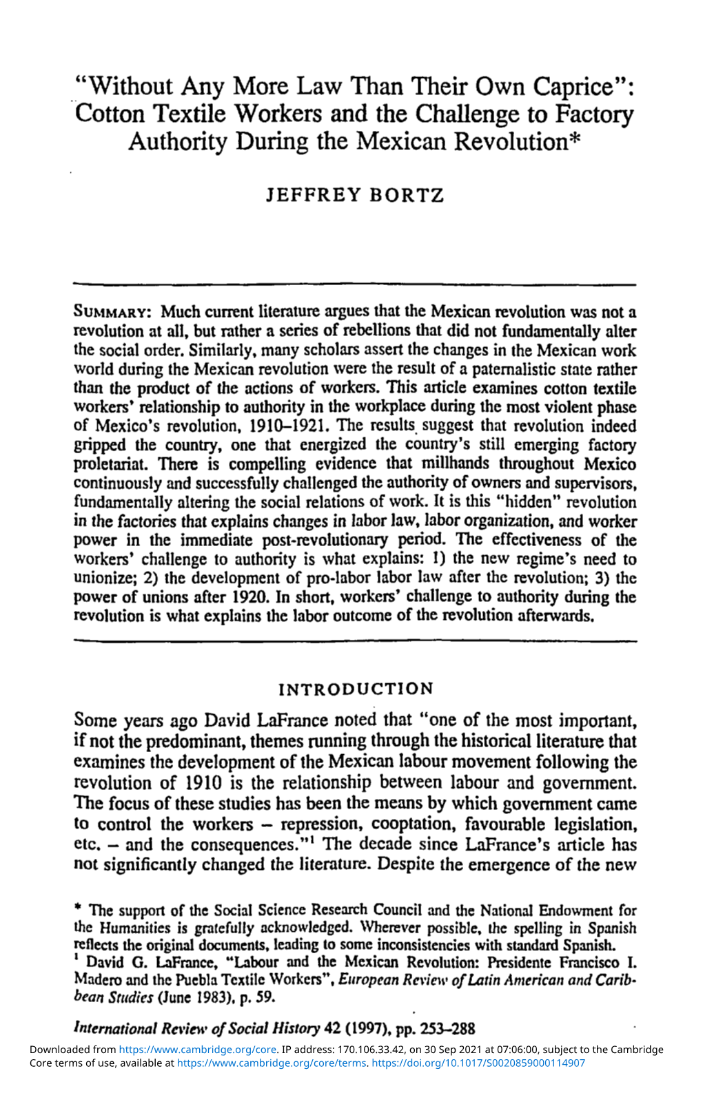 Cotton Textile Workers and the Challenge to Factory Authority During the Mexican Revolution*