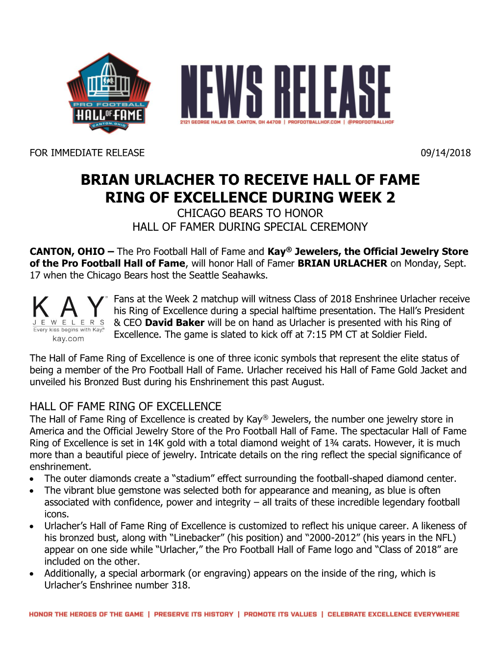 Brian Urlacher to Receive Hall of Fame Ring of Excellence During Week 2 Chicago Bears to Honor Hall of Famer During Special Ceremony