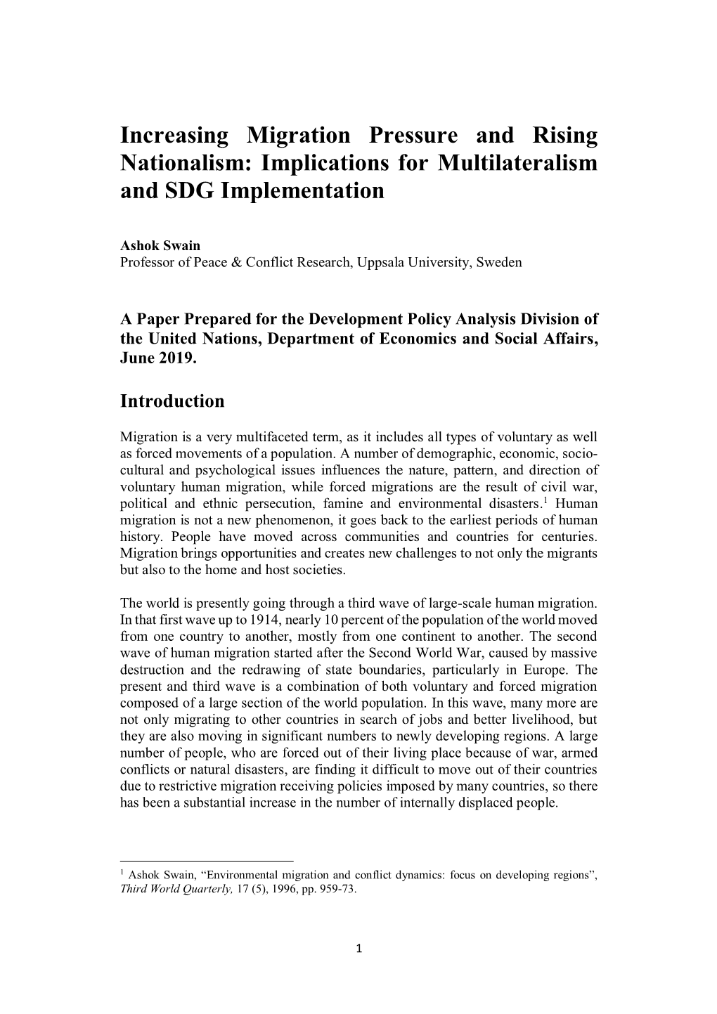 Increasing Migration Pressure and Rising Nationalism: Implications for Multilateralism and SDG Implementation