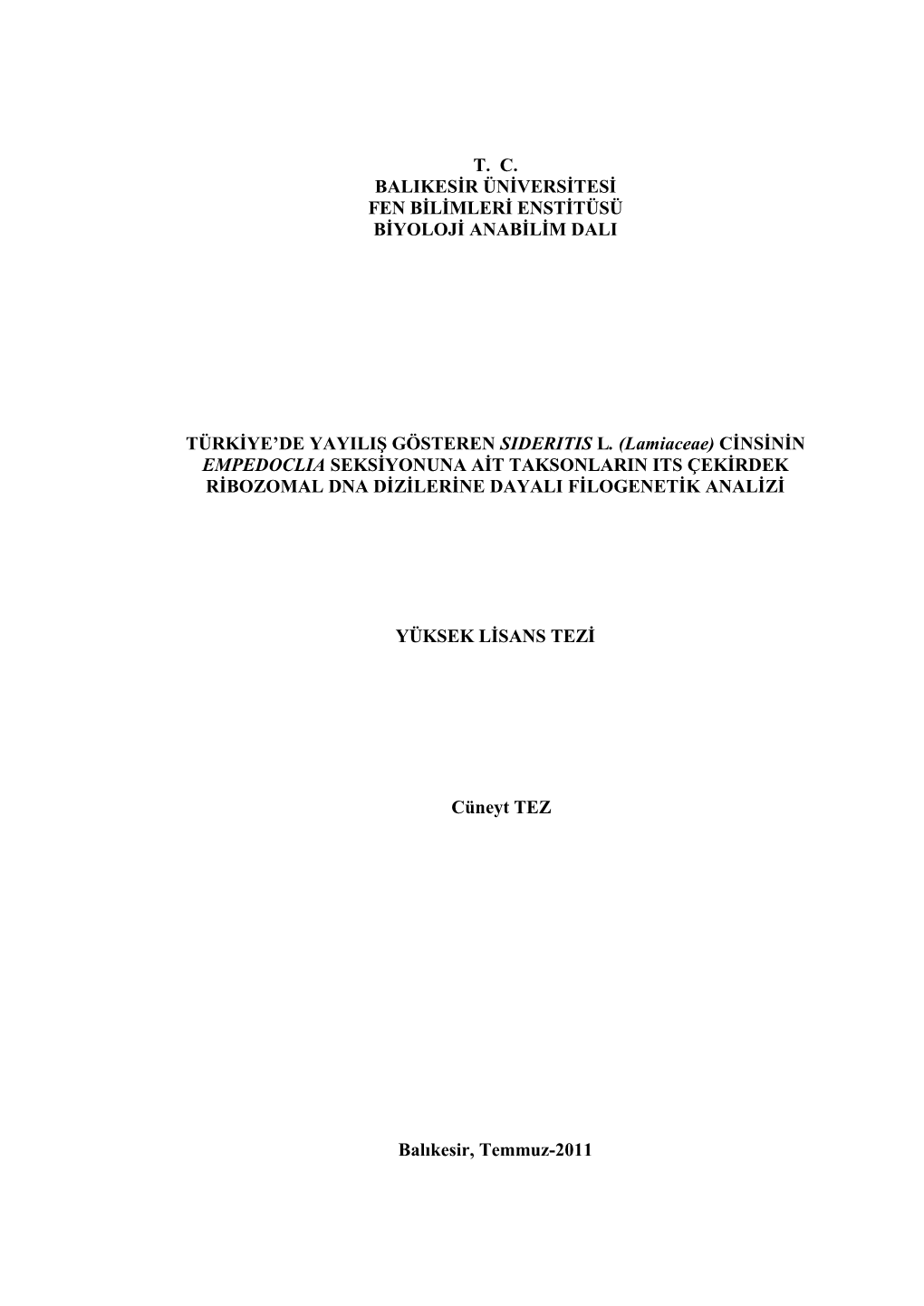 T. C. Balikesir Üniversitesi Fen Bilimleri Enstitüsü Biyoloji