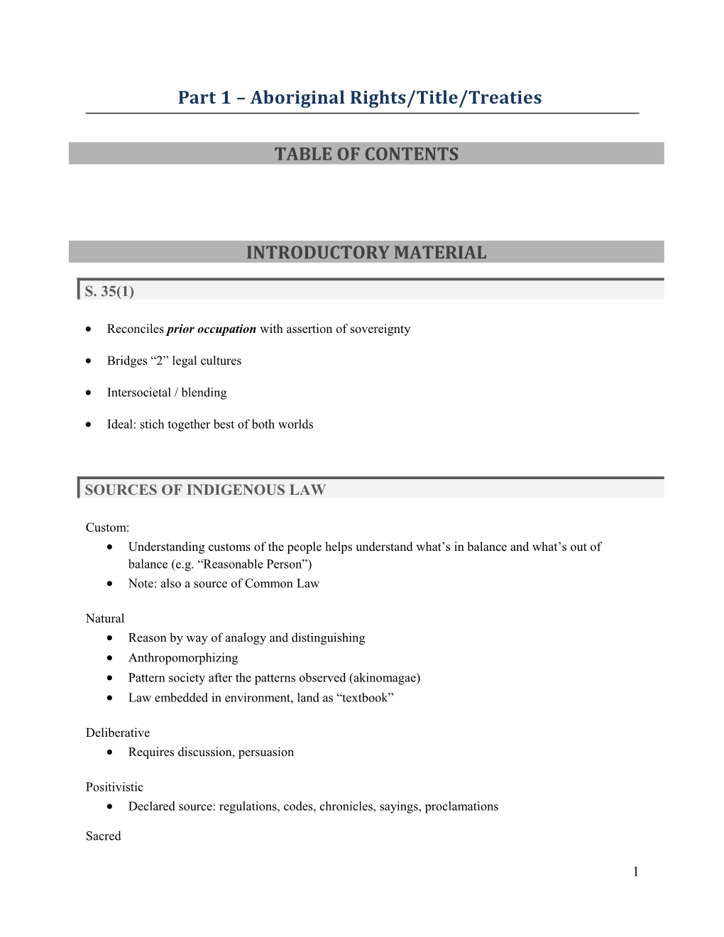 Part 1 Aboriginal Rights/Title/Treaties