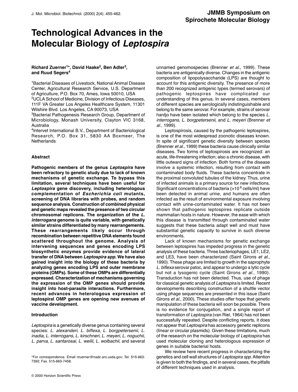 Technological Advances in the Molecular Biology of Leptospira