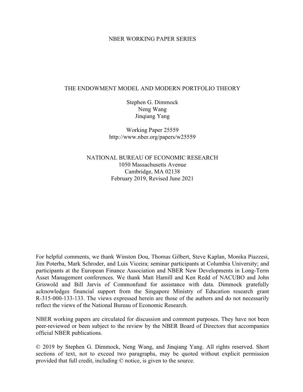 Nber Working Paper Series the Endowment Model And