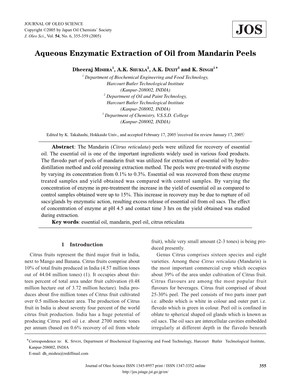 Aqueous Enzymatic Extraction of Oil from Mandarin Peels